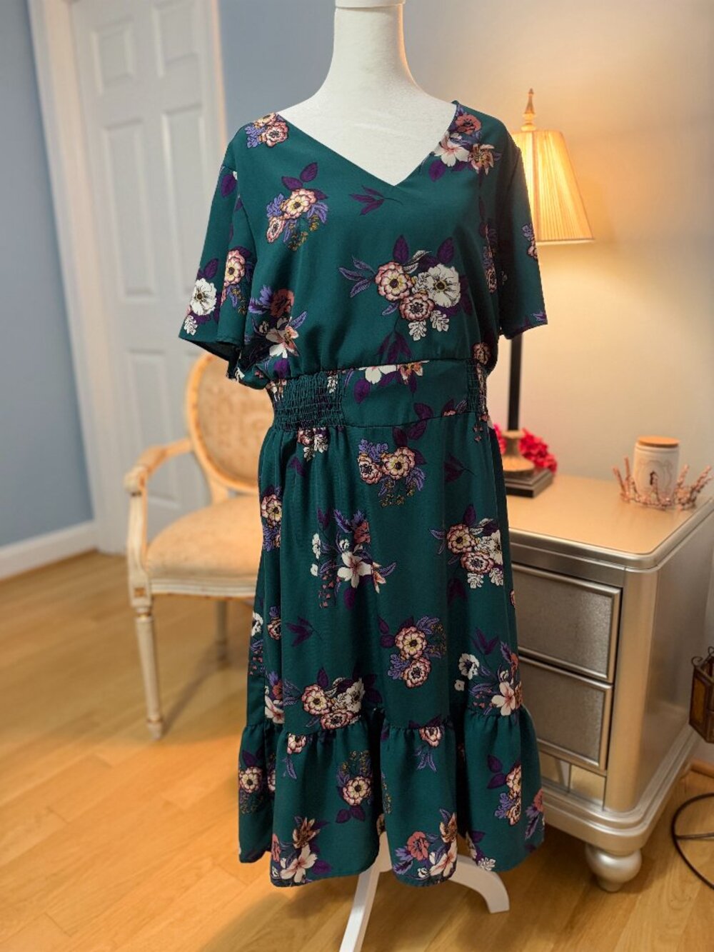 Peach Love California Teal Floral Smocked Ruffle Midi Dress L